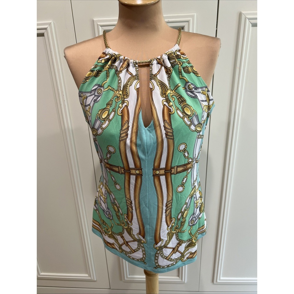 Vintage Cache Sleeveless Blouse Chain Belt Horseshoe Print Going Out Resort Chic